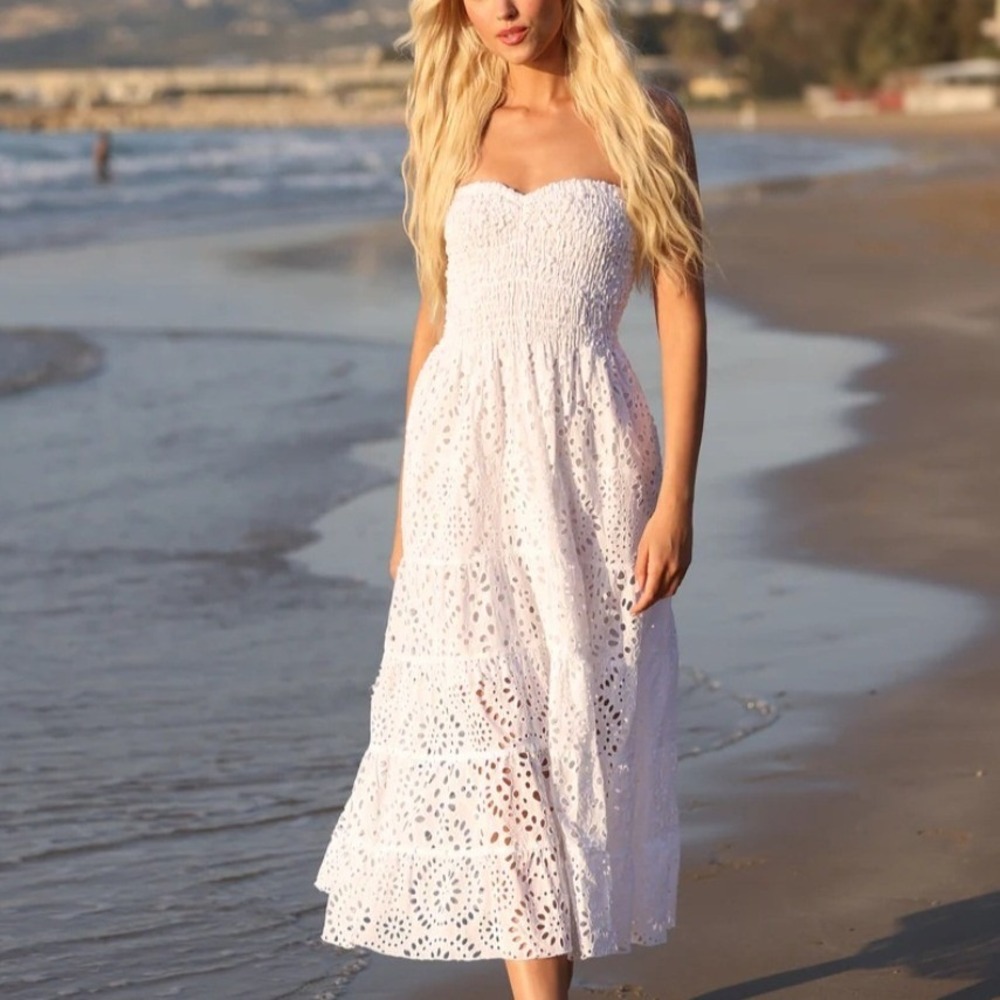 Luisa Positano Totarone White Eyelet Strapless Midi Dress Made in Italy Gold S/M